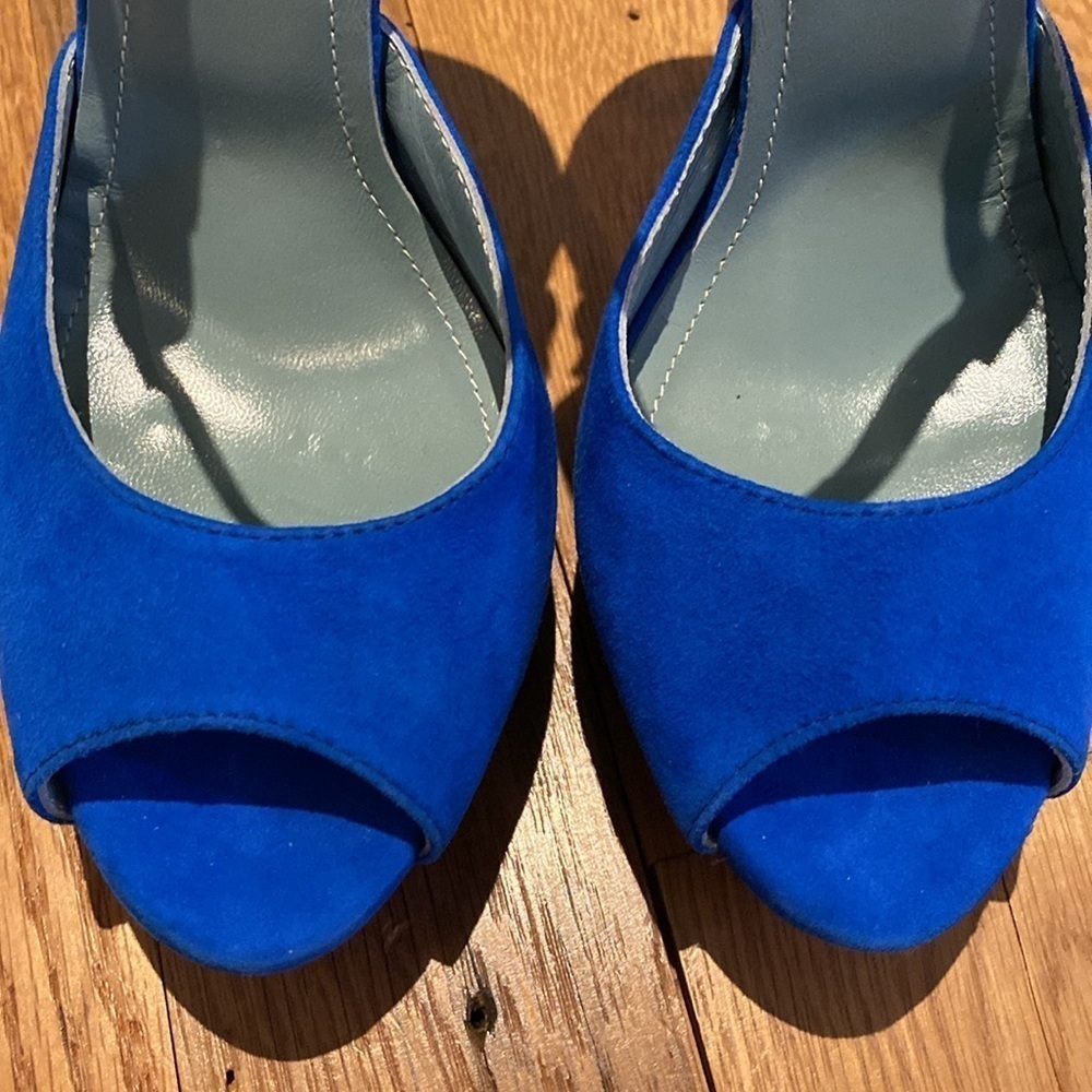 Havi Elle Rare Luxury Cobalt Blue Platform Suede PeepToe Made in Italy Heels 7.5 - Picture 11 of 13